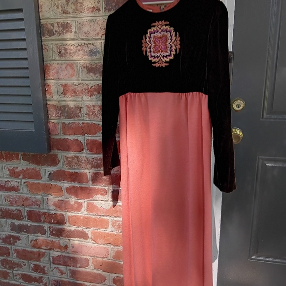 Designer Vntg 70s Cottagecore Maxi Dress 11 Peach Brown Velvet Flower Retro Boho - Picture 13 of 16